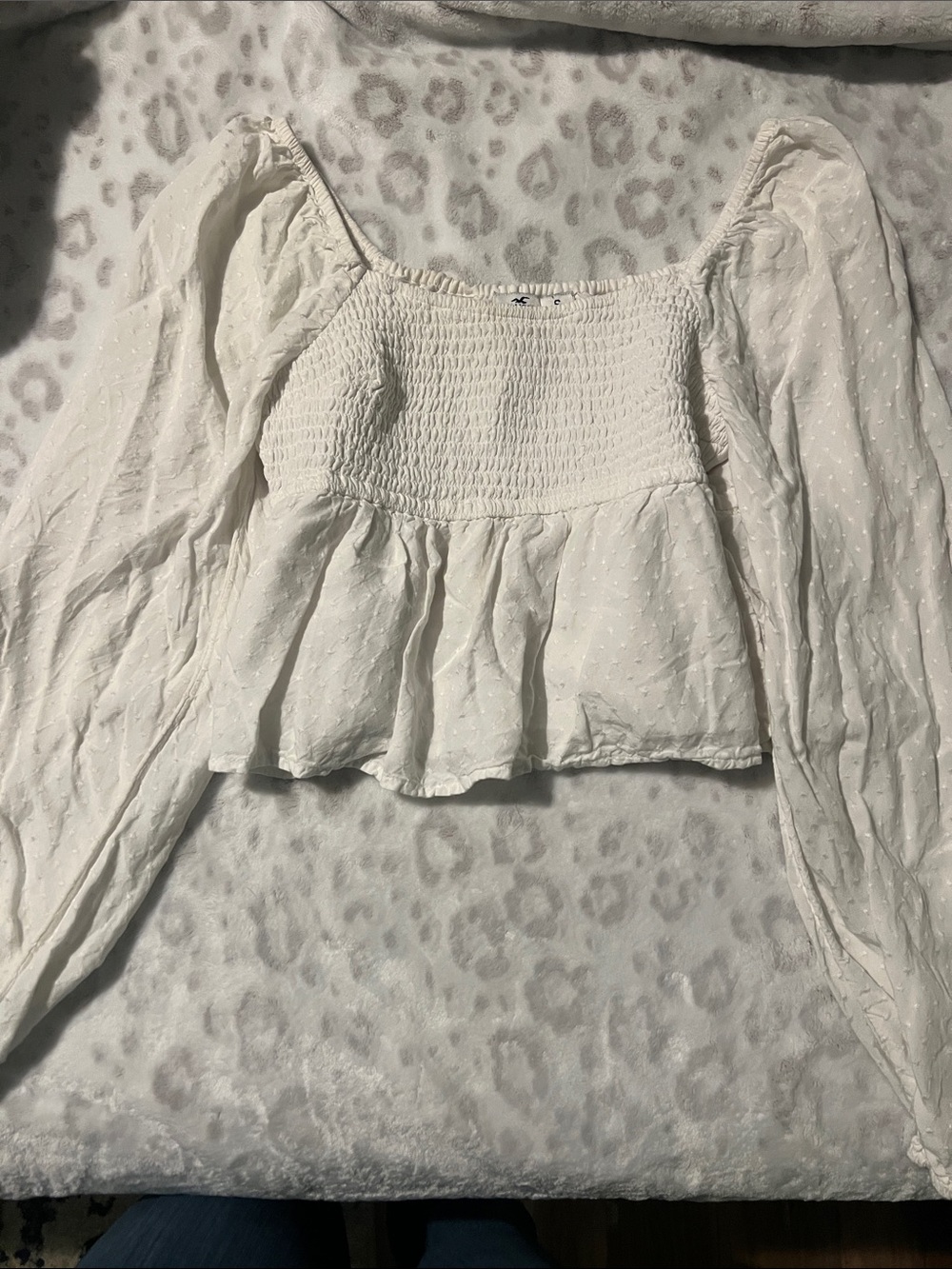 Hollister White Smocked Swiss Dot Peplum Blouse
